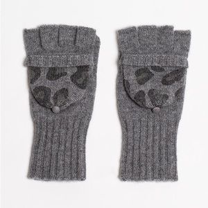 QI WOMENS CASHMERE FINGERLESS FLIP CONVERTIBLE GLOVES GRAY WITH LEOPARD PRINT